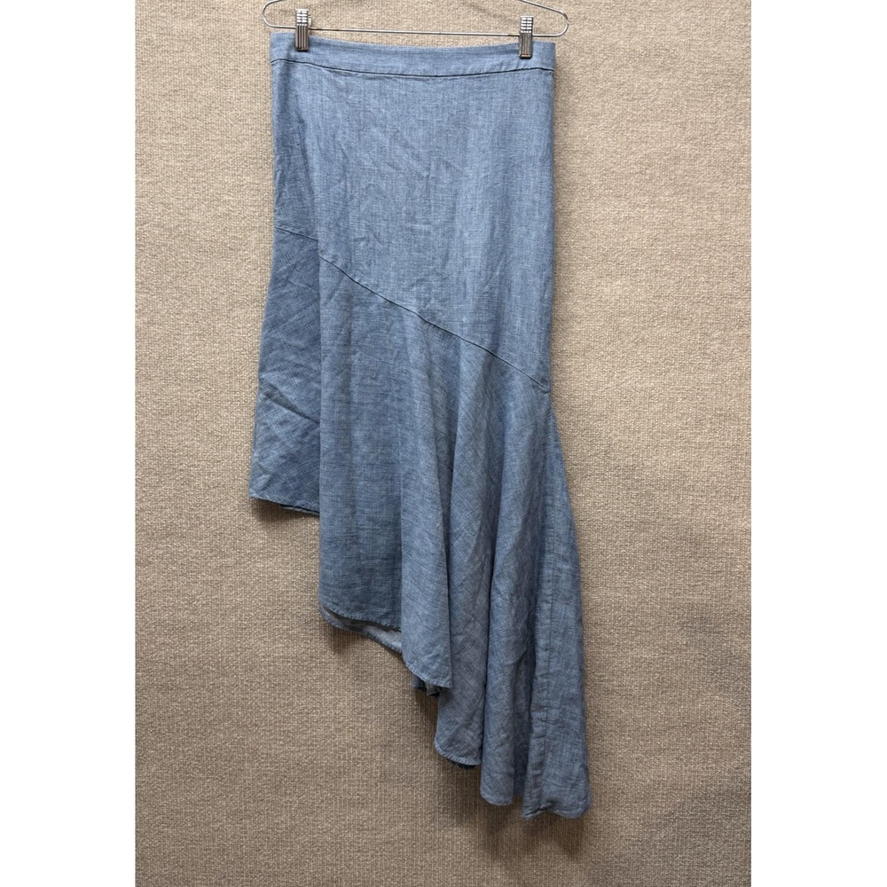 Alice Olivia Skirt Womens 4 Blue Chambray Linen Asymmetrical Midi Flare